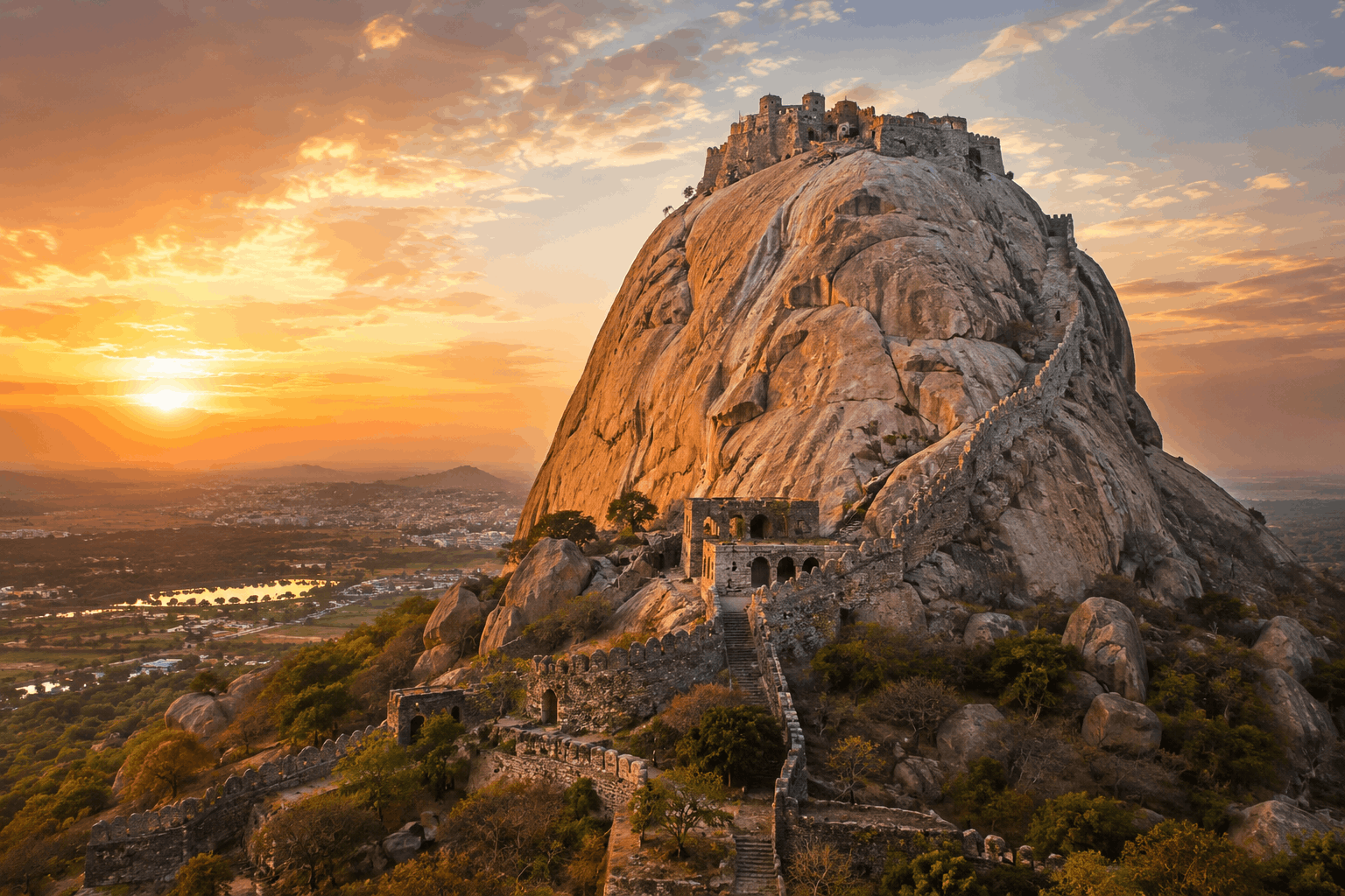 Bhongir Fort rising on a massive monolithic rock in Nalgonda district near Hyderabad at golden hour