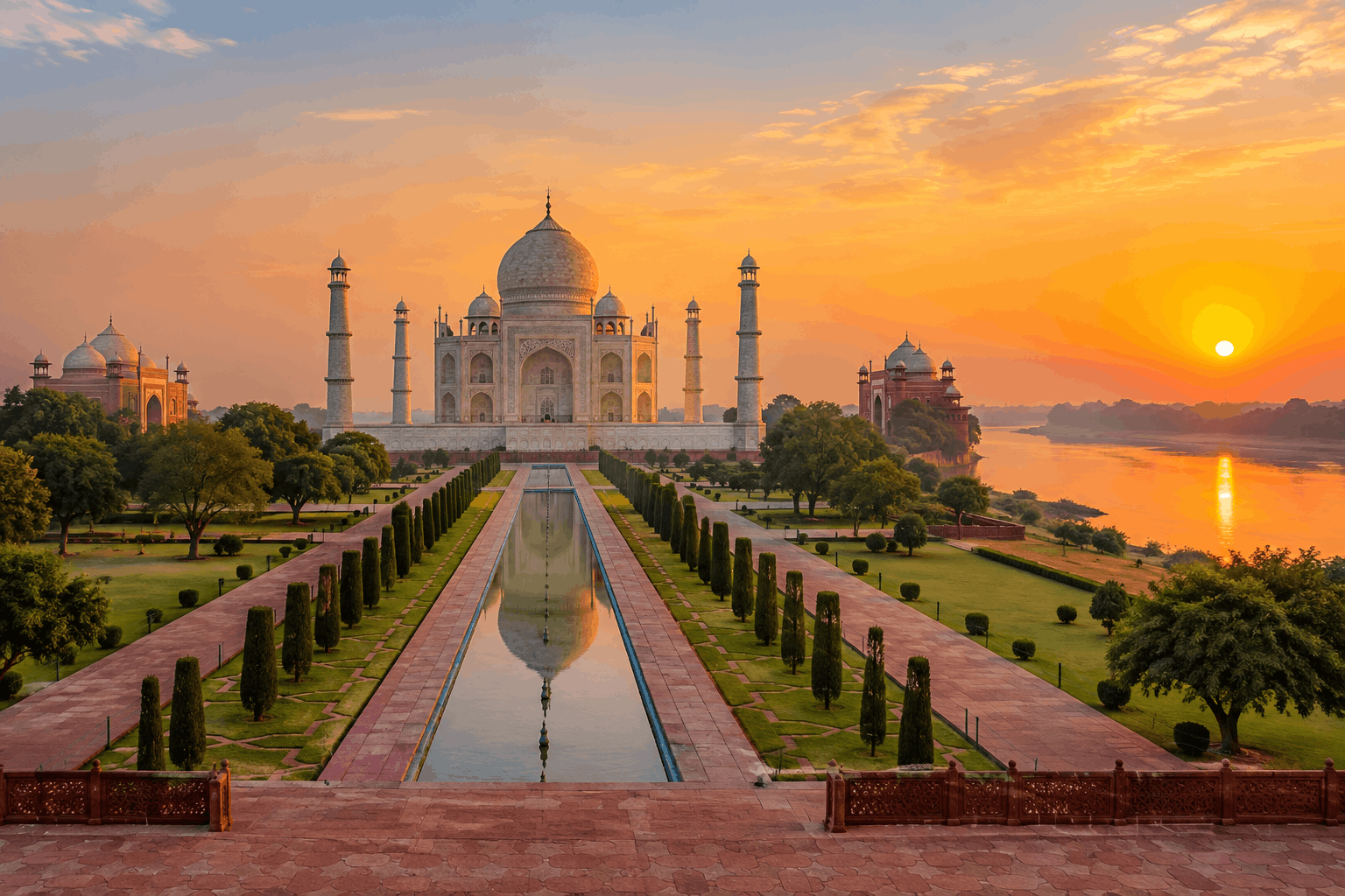 View of the Taj Mahal at sunrise with the Yamuna River and gardens from the eastern entrance, Agra