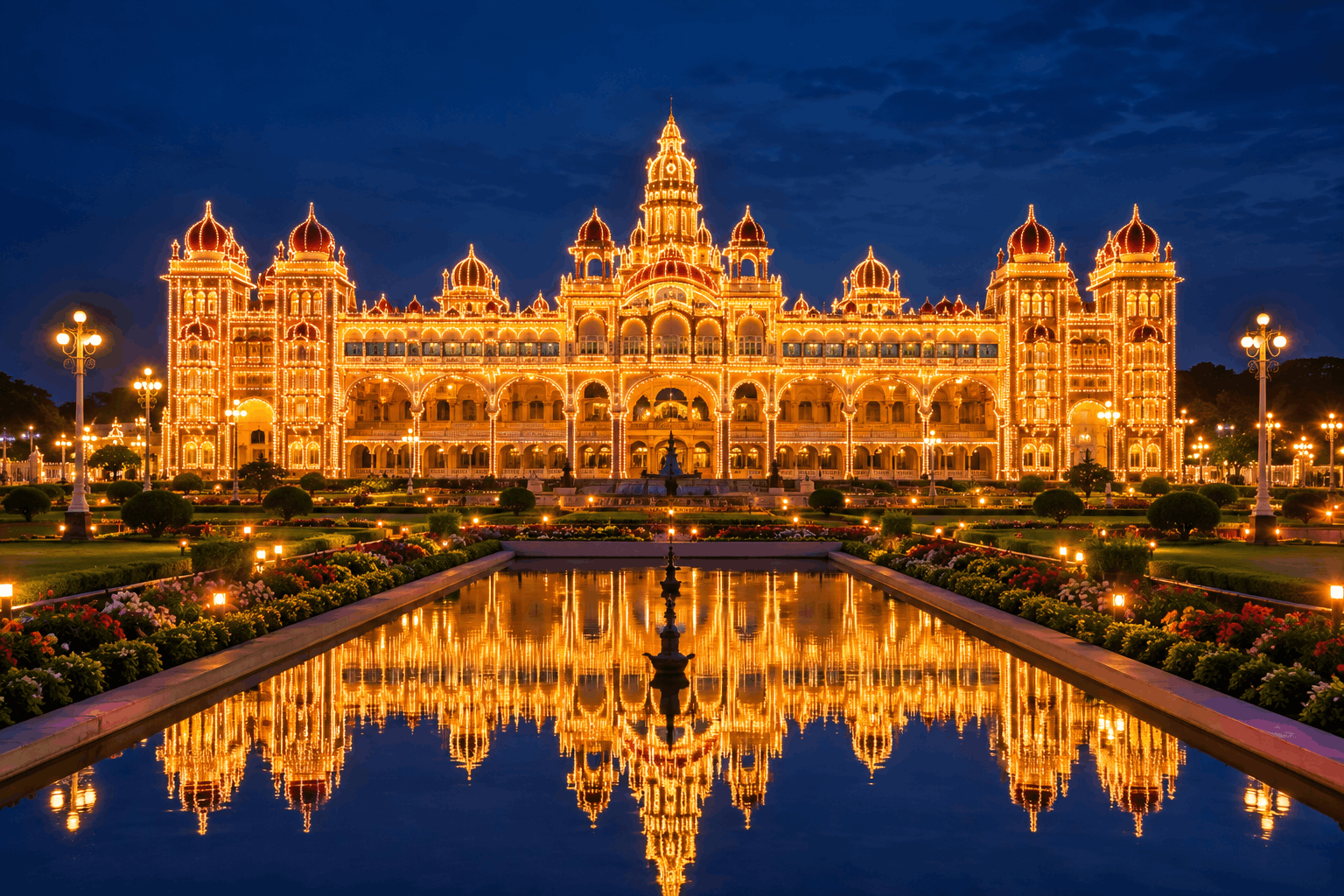 Mysore Palace illuminated at night with thousands of lights reflecting on the surrounding gardens