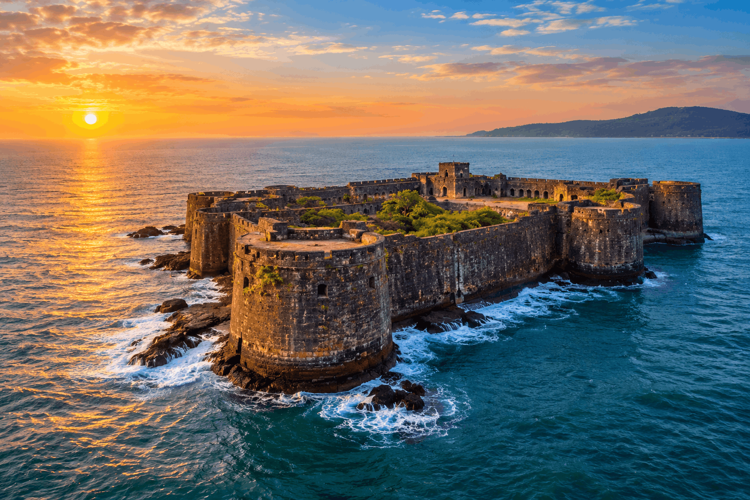 Murud-Janjira sea fort rising from the Arabian Sea surrounded by water on all sides near Mumbai