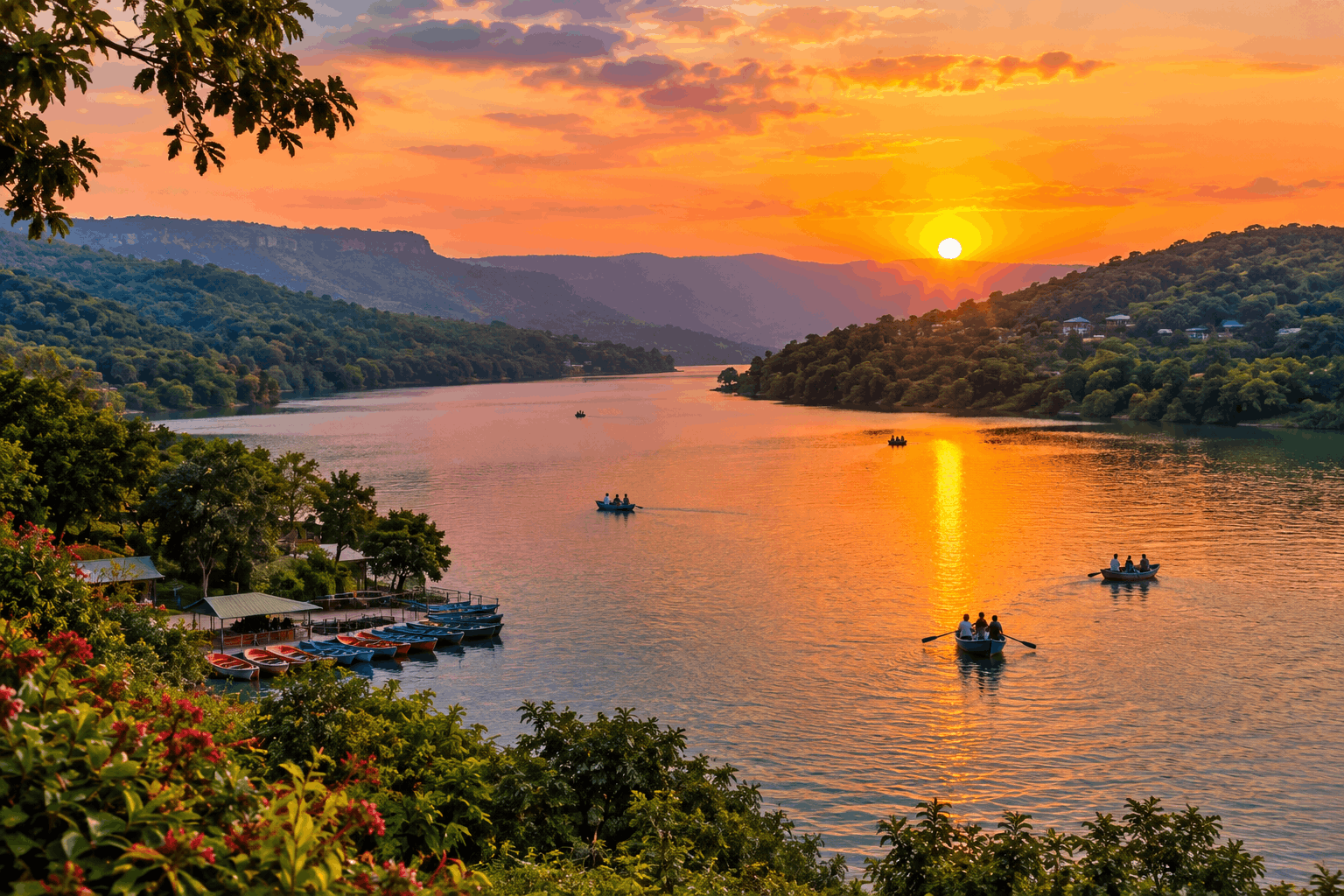 Sunset view over Venna Lake in Mahabaleshwar with rowing boats and green hills surrounding the water