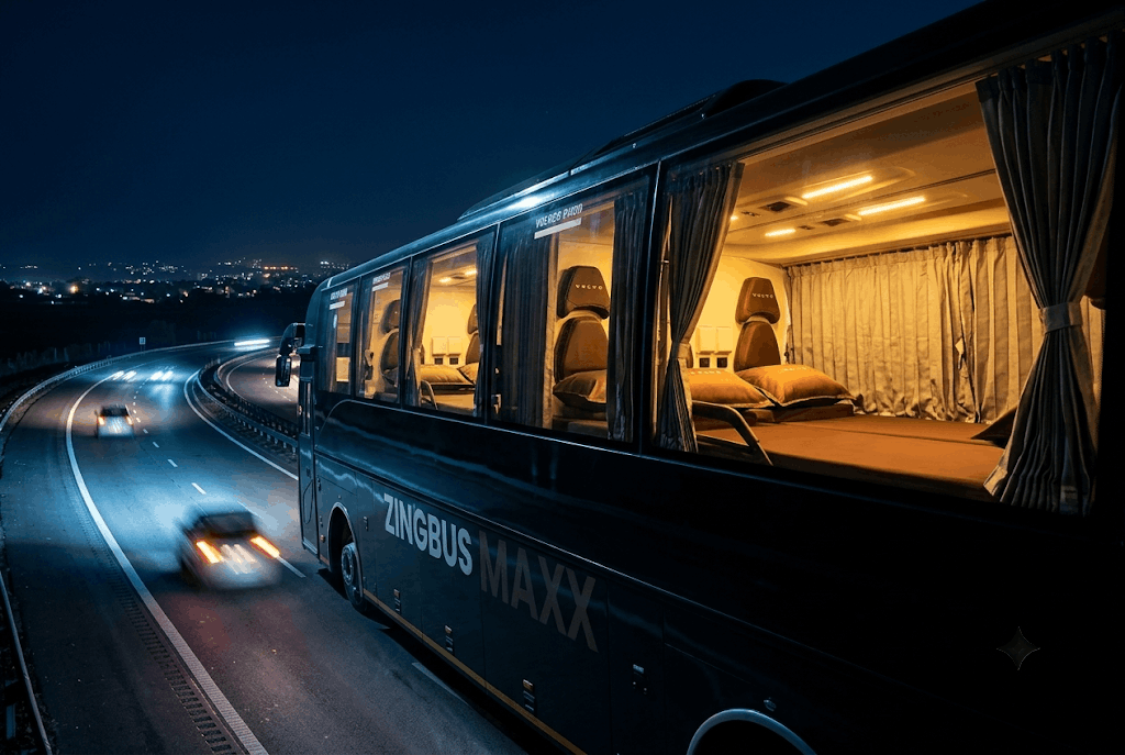 zingbus Maxx luxury sleeper coach on a highway at night with premium lit interior visible through large windows