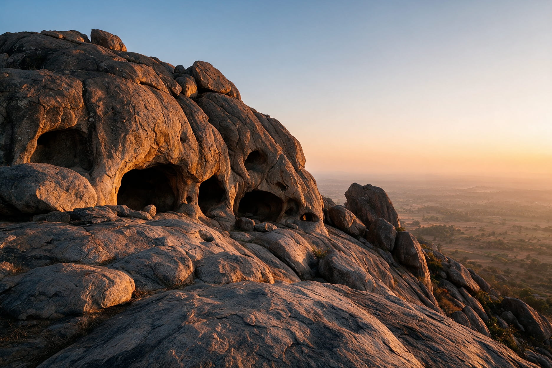 Rocky hilltop caves at Anthargange near Bangalore with sunrise light over the Deccan plains