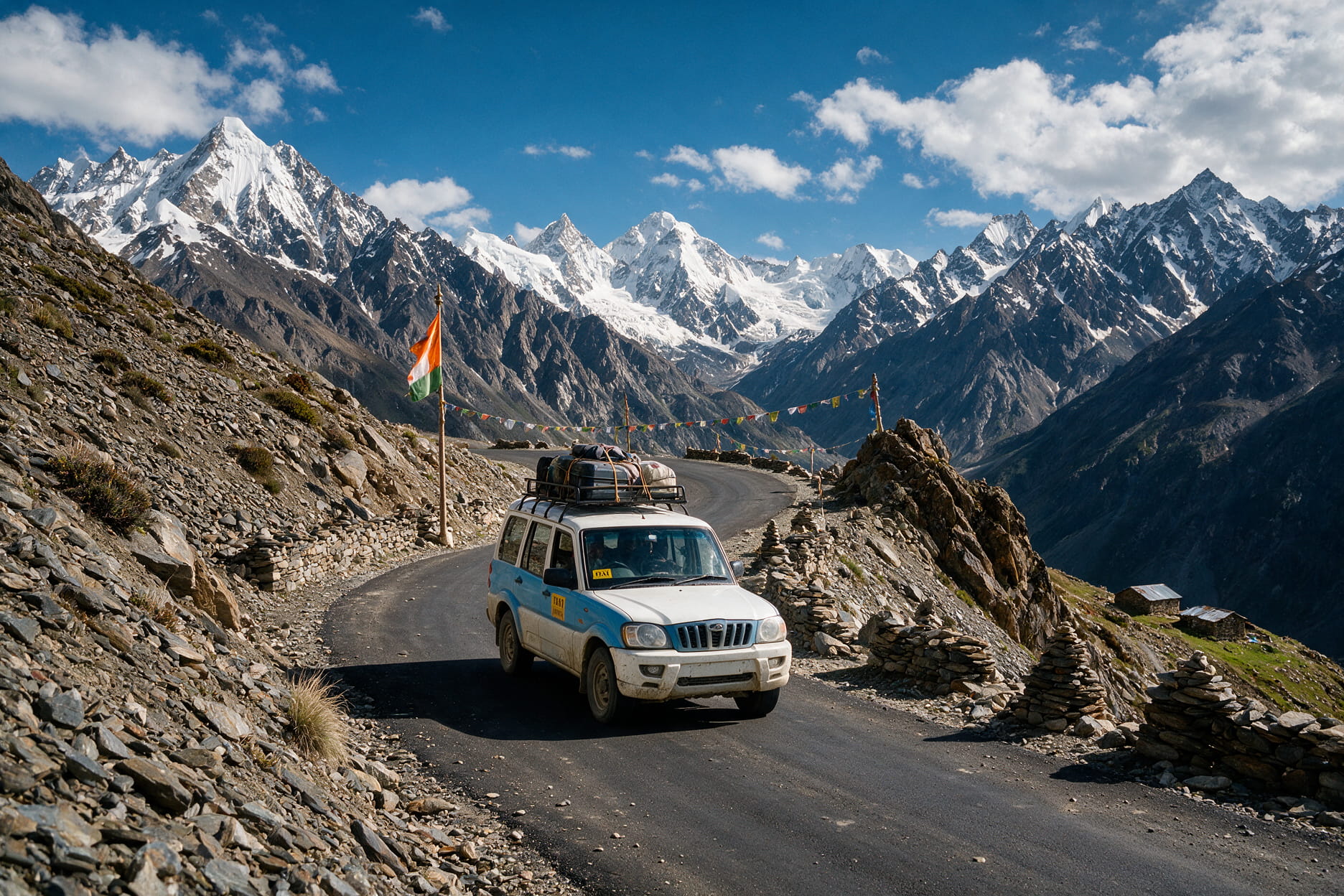 A cab crossing a high pass on the Manali to Leh highway above the tree line
