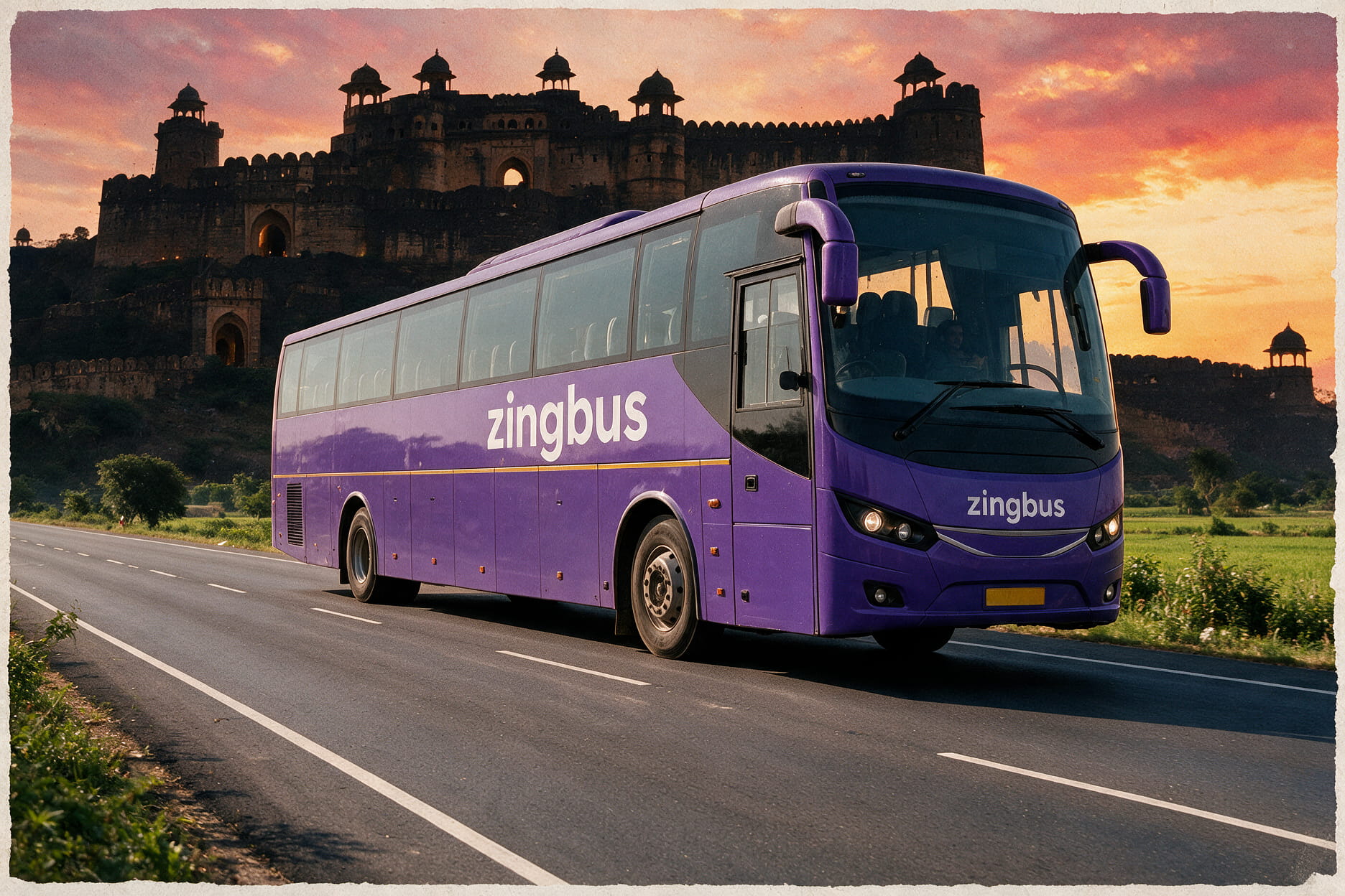 A collage style view of an Indian fort silhouette at sunset with a highway bus passing in the foreground