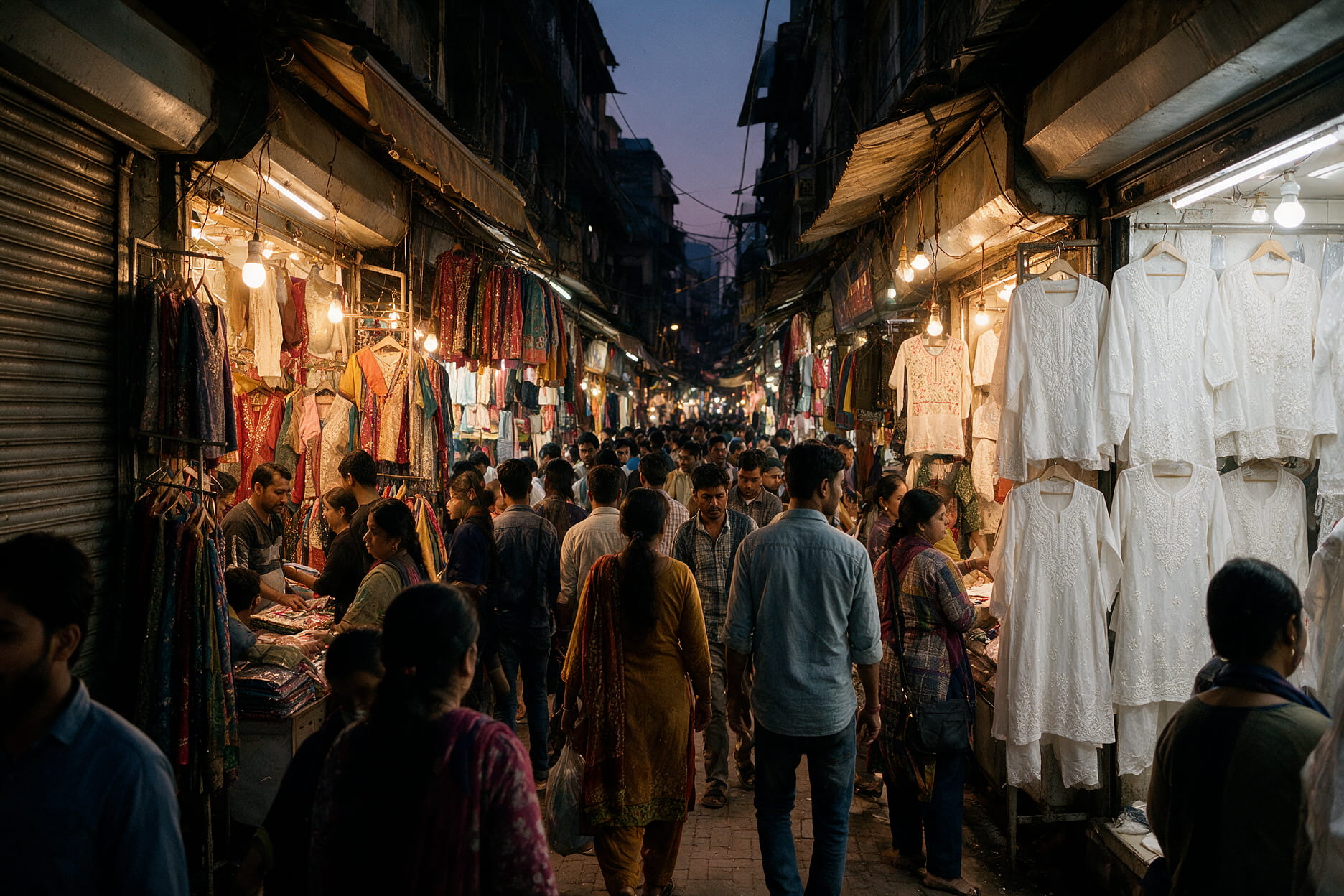 A crowded lane of Aminabad market in Lucknow lined with clothing and chikankari shops in the evening