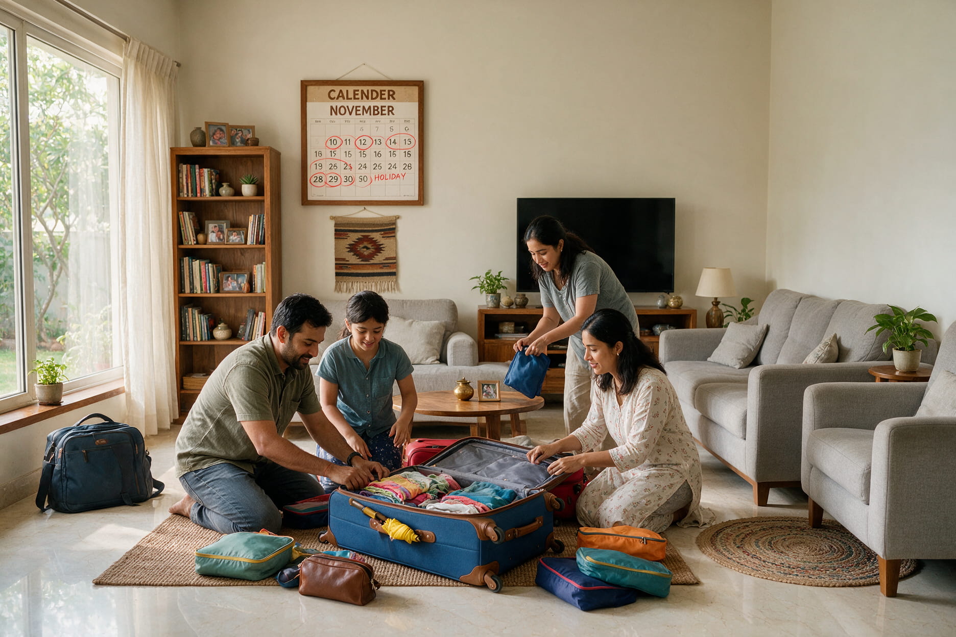 A family packing bags at home with a wall calendar showing November dates marked for travel