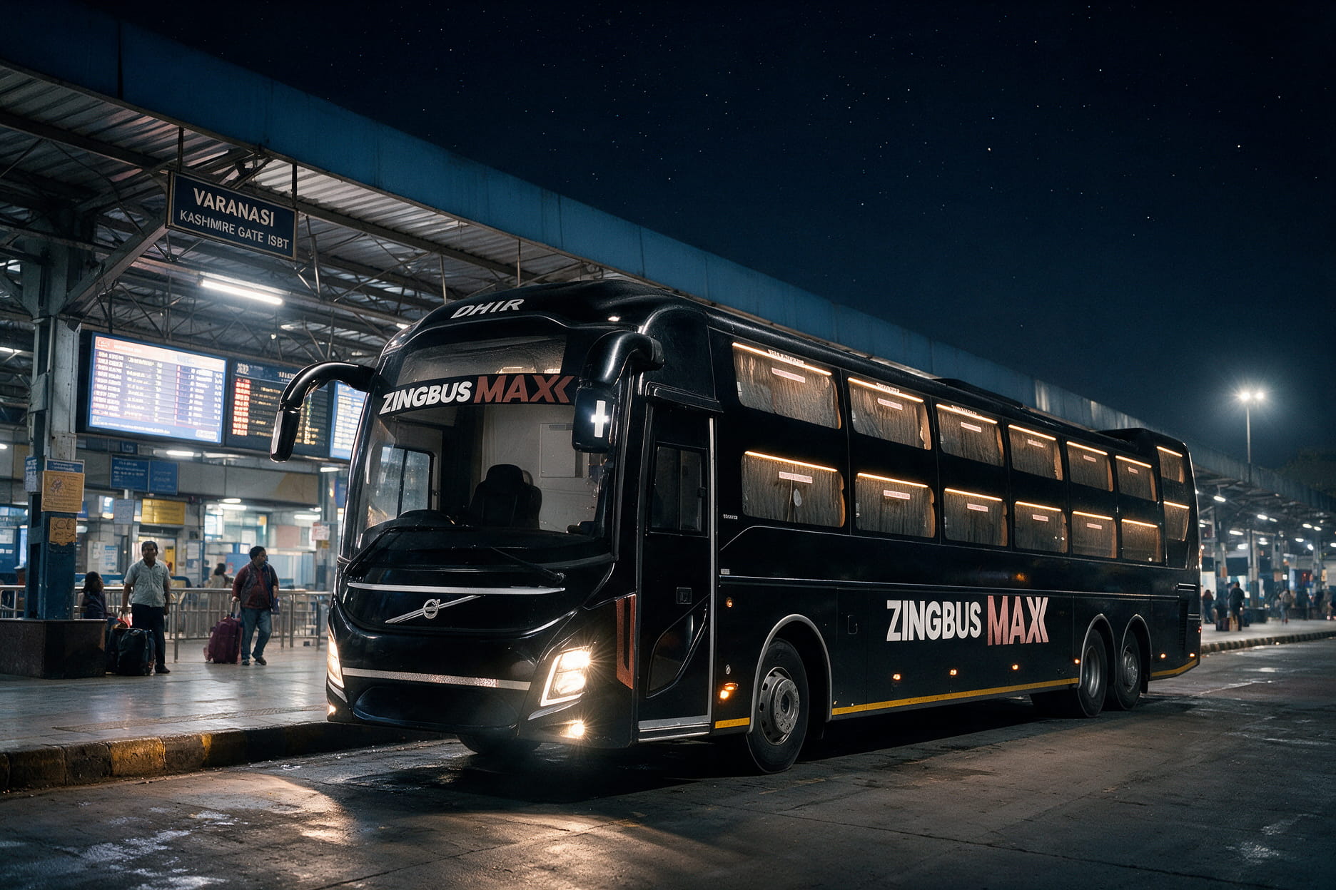 A sleeper bus at a Delhi terminal boarding for Varanasi during Chhath Puja