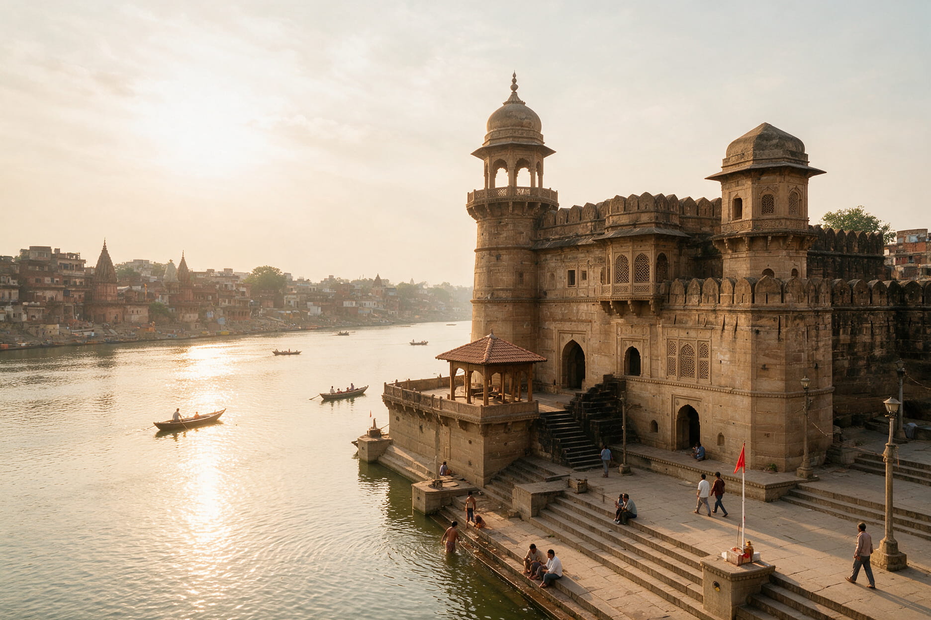 A stone fort overlooking the Ganga near Varanasi with the river curving below in soft November light