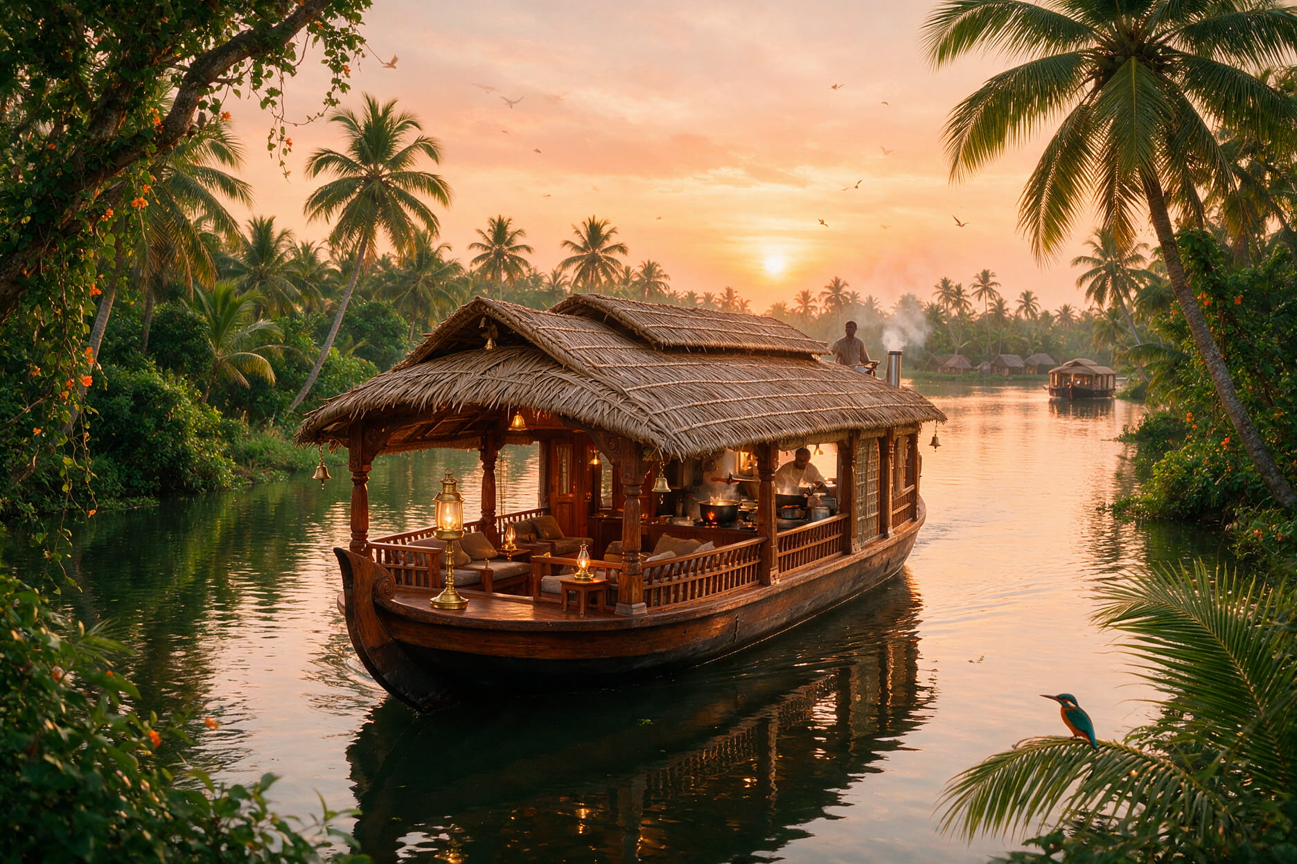 A traditional Alleppey houseboat on the Kerala backwaters at sunset