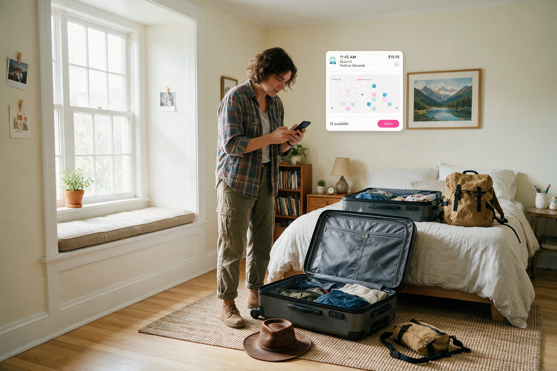 A traveller checking bus seat availability on a phone while packing a suitcase for a festival trip