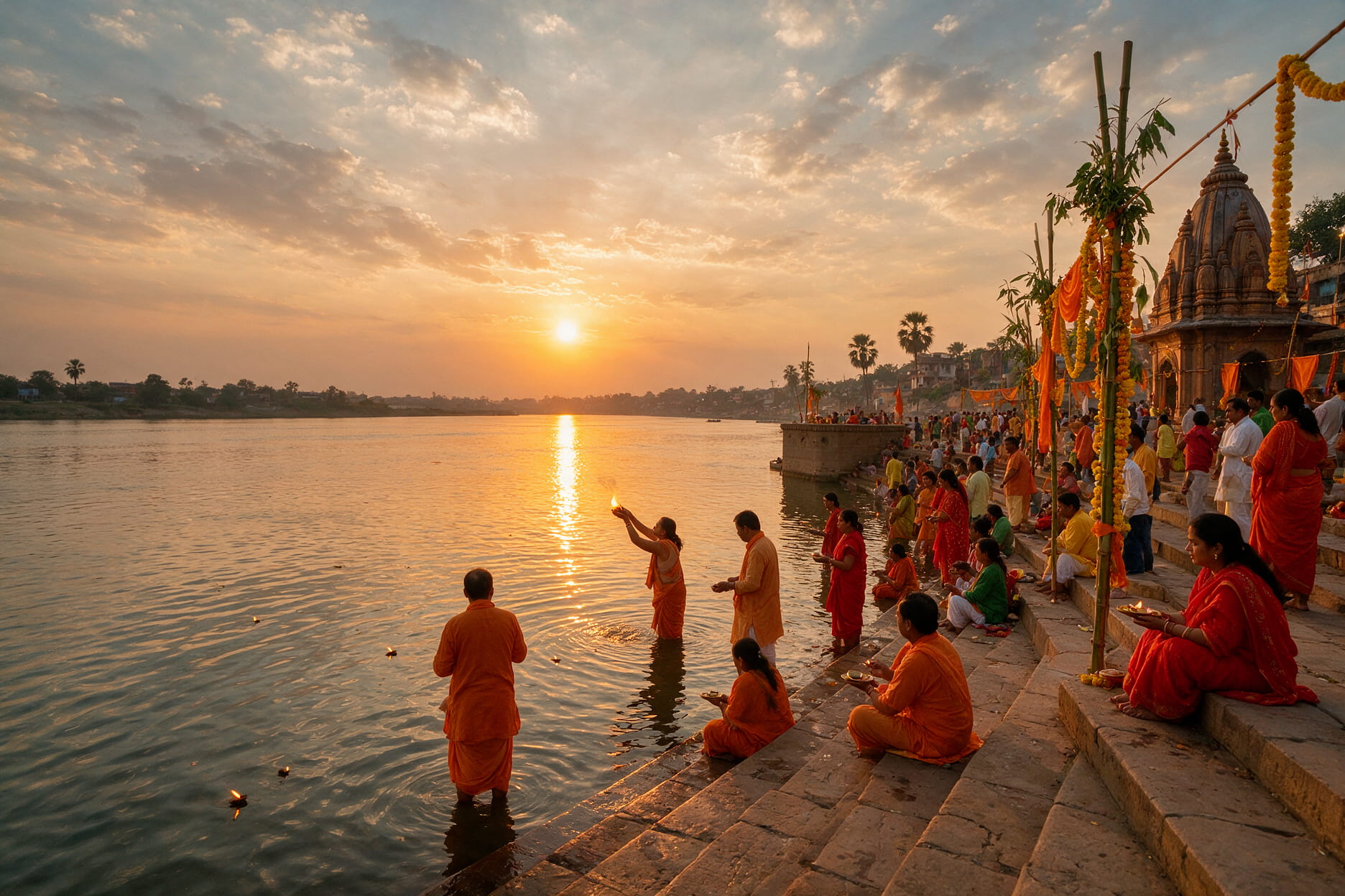 A vratti offering Sandhya Arghya to the setting sun on a Ganga ghat during Chhath
