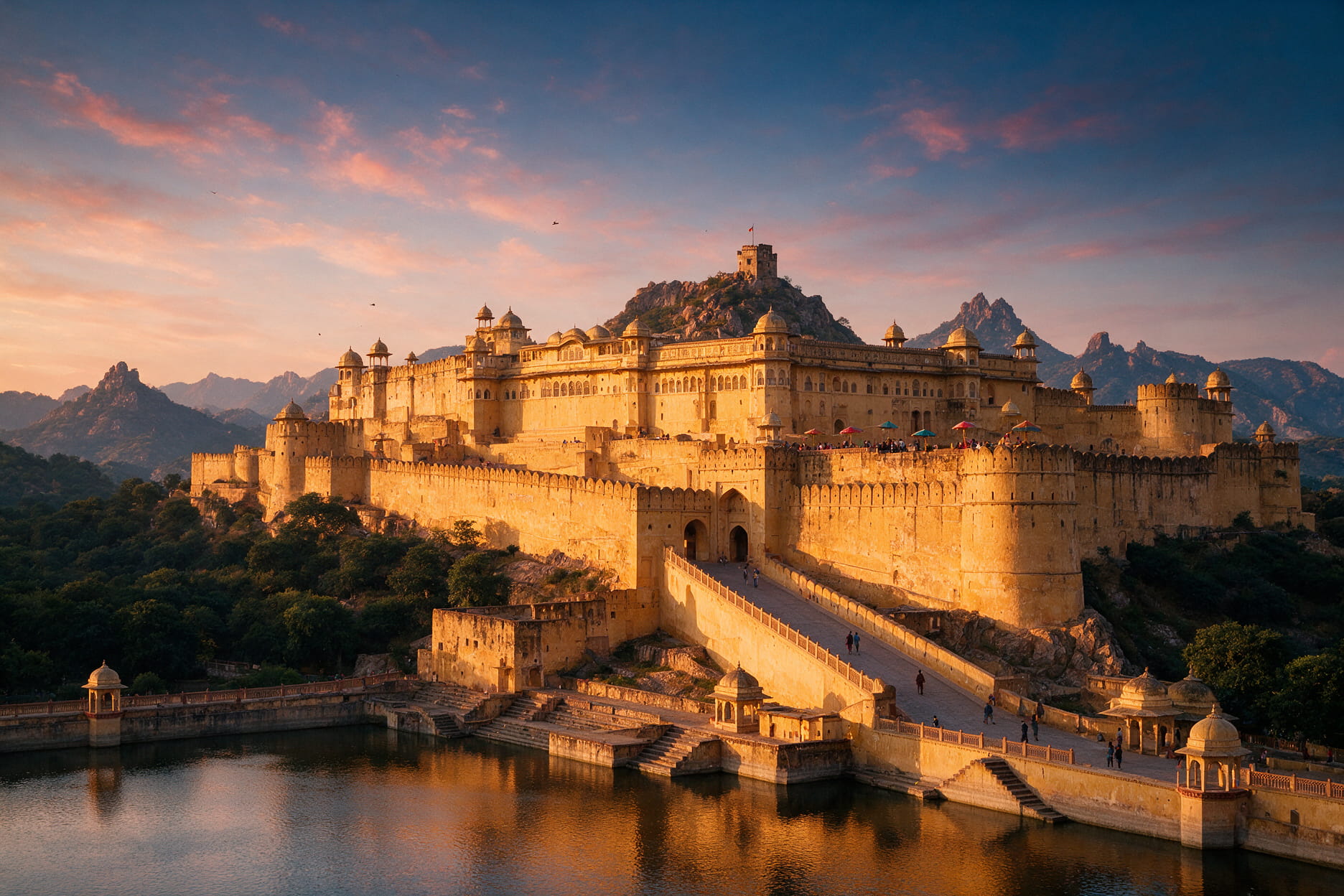 Amber Fort at sunset in Jaipur with golden stone walls illuminated against a clear October sky