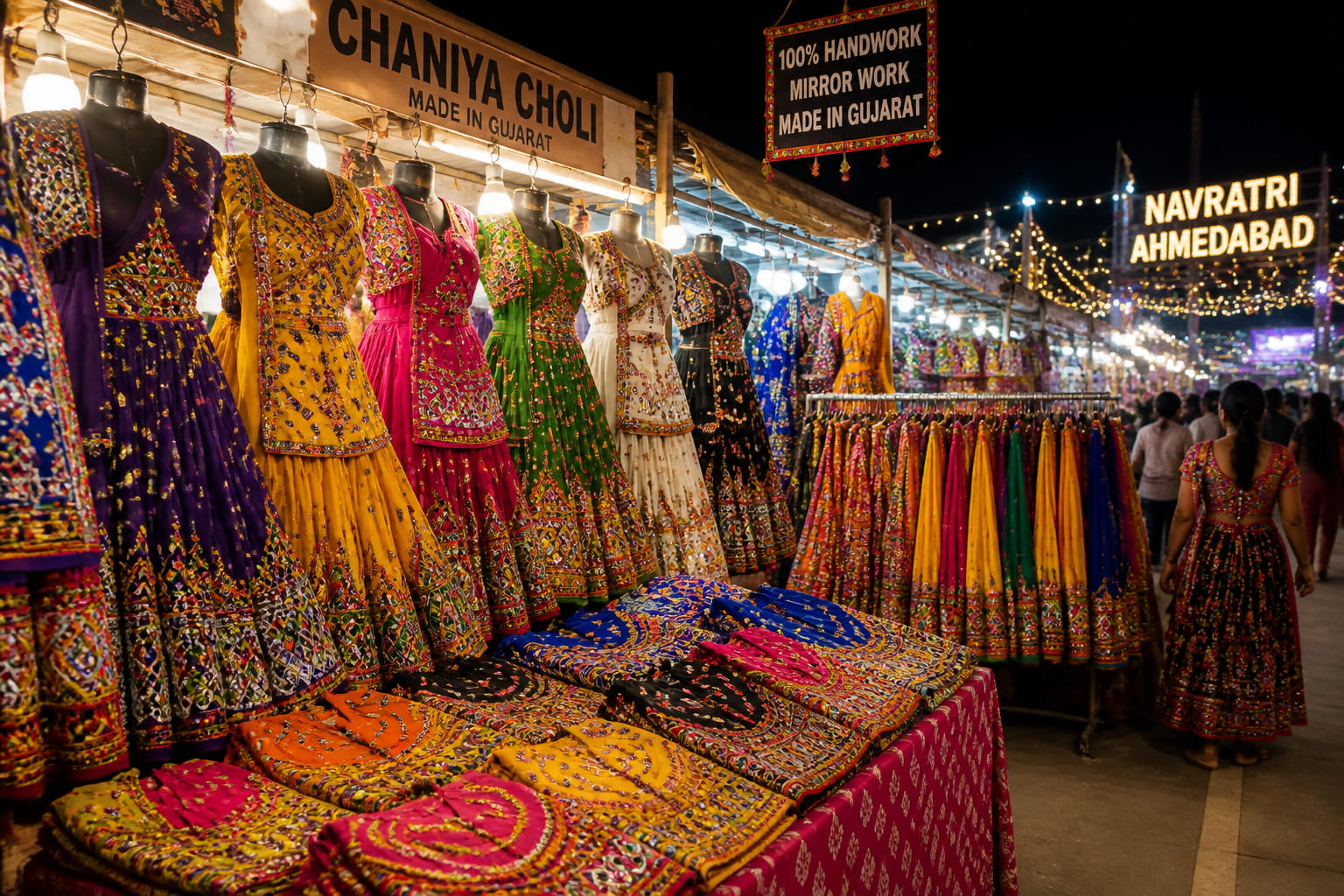 Colourful chaniya choli sets displayed at a night market stall in Ahmedabad during Navratri season