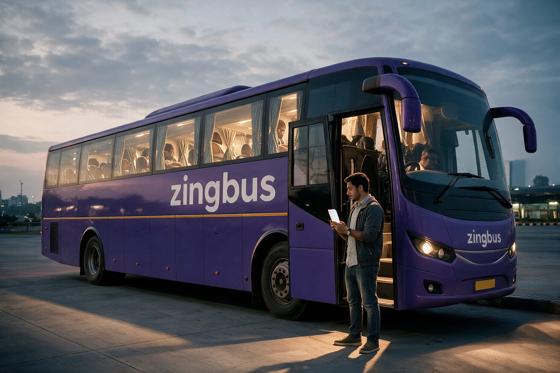 Passenger checking a bus ticket on a phone while boarding an intercity coach at a city terminal