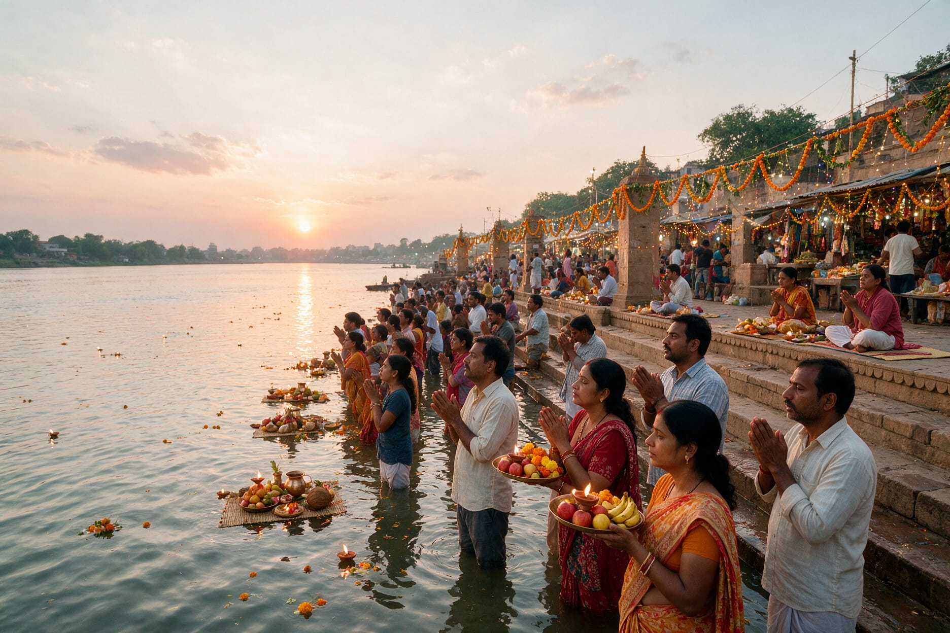 Devotees offering Sandhya Arghya at a Ganga ghat during Chhath Puja