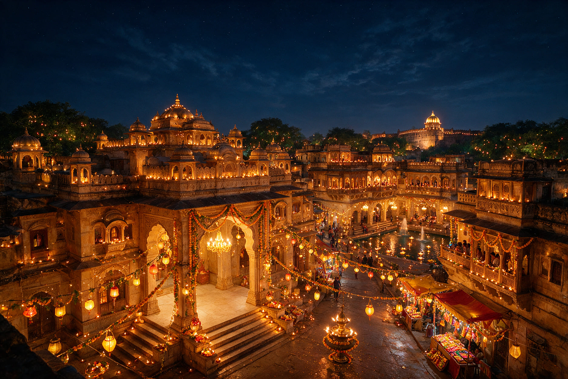 Diwali lights illuminating a historic Indian city