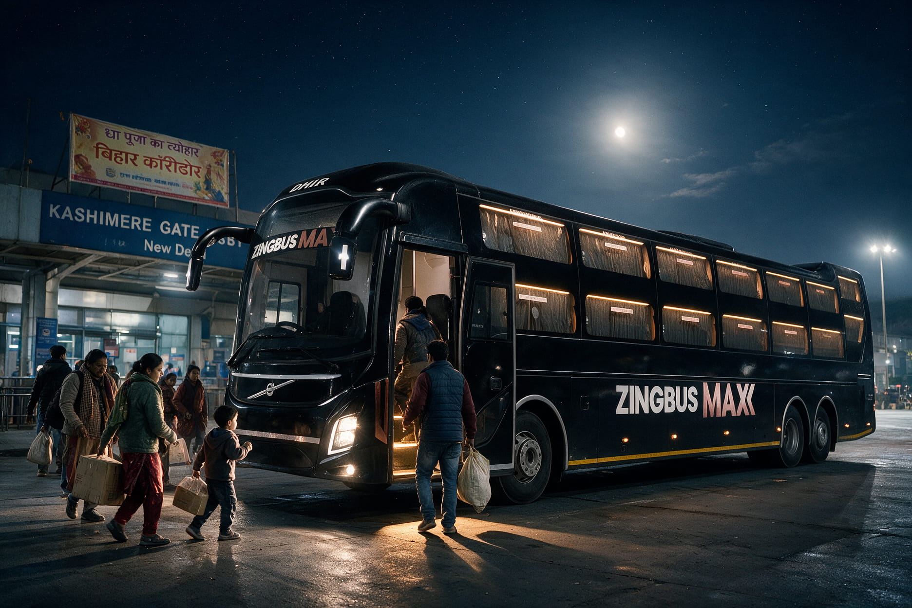 Families boarding a Delhi overnight bus for the Bihar corridor before Chhath