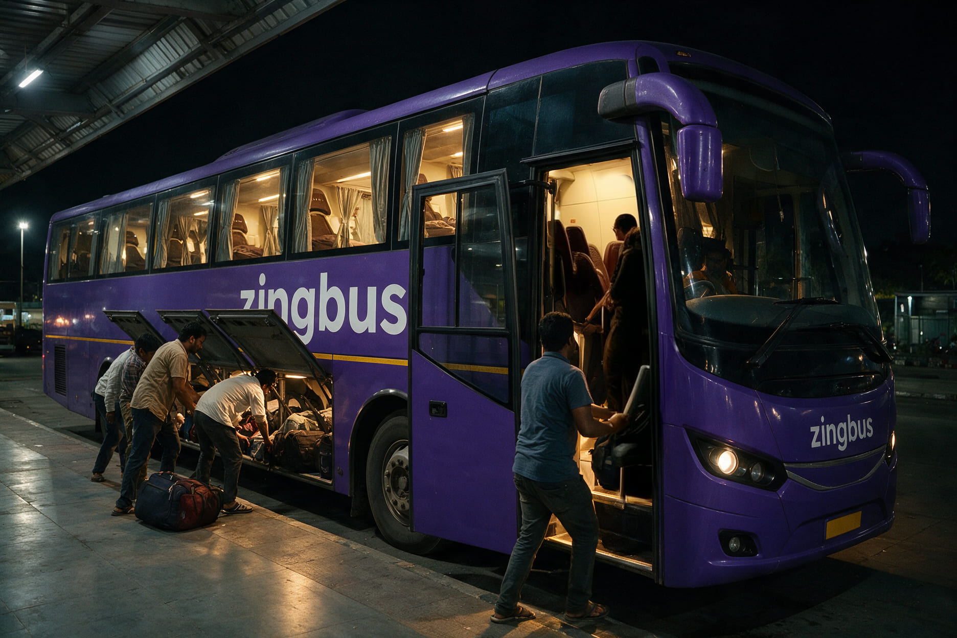 An air conditioned sleeper coach waiting at a Delhi terminal bay at night with passengers loading luggage