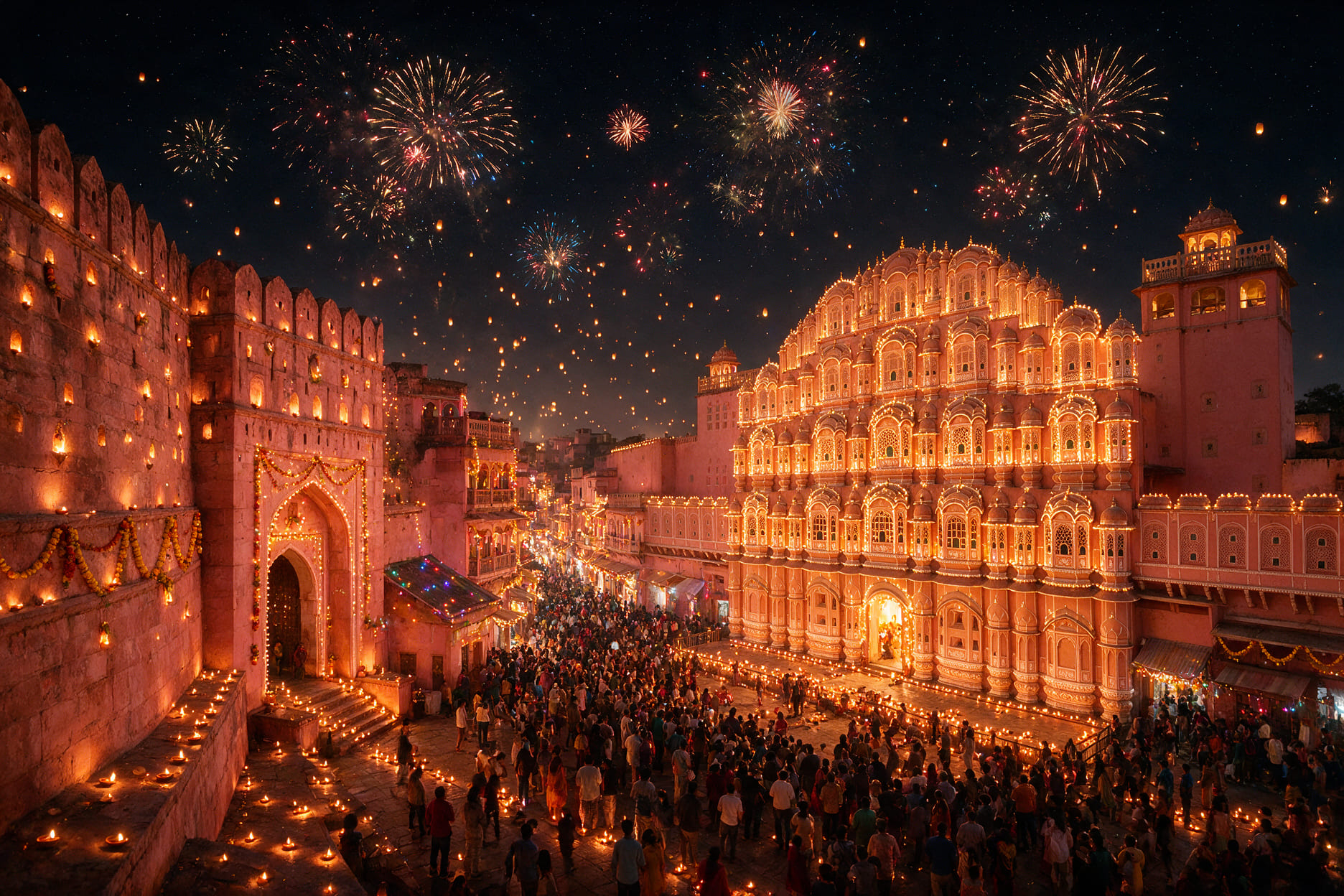 Jaipur's illuminated walled city during Diwali