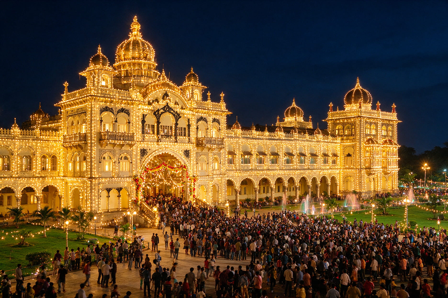 Mysore Palace fully illuminated at night during Dasara celebrations with crowds gathered in the courtyard