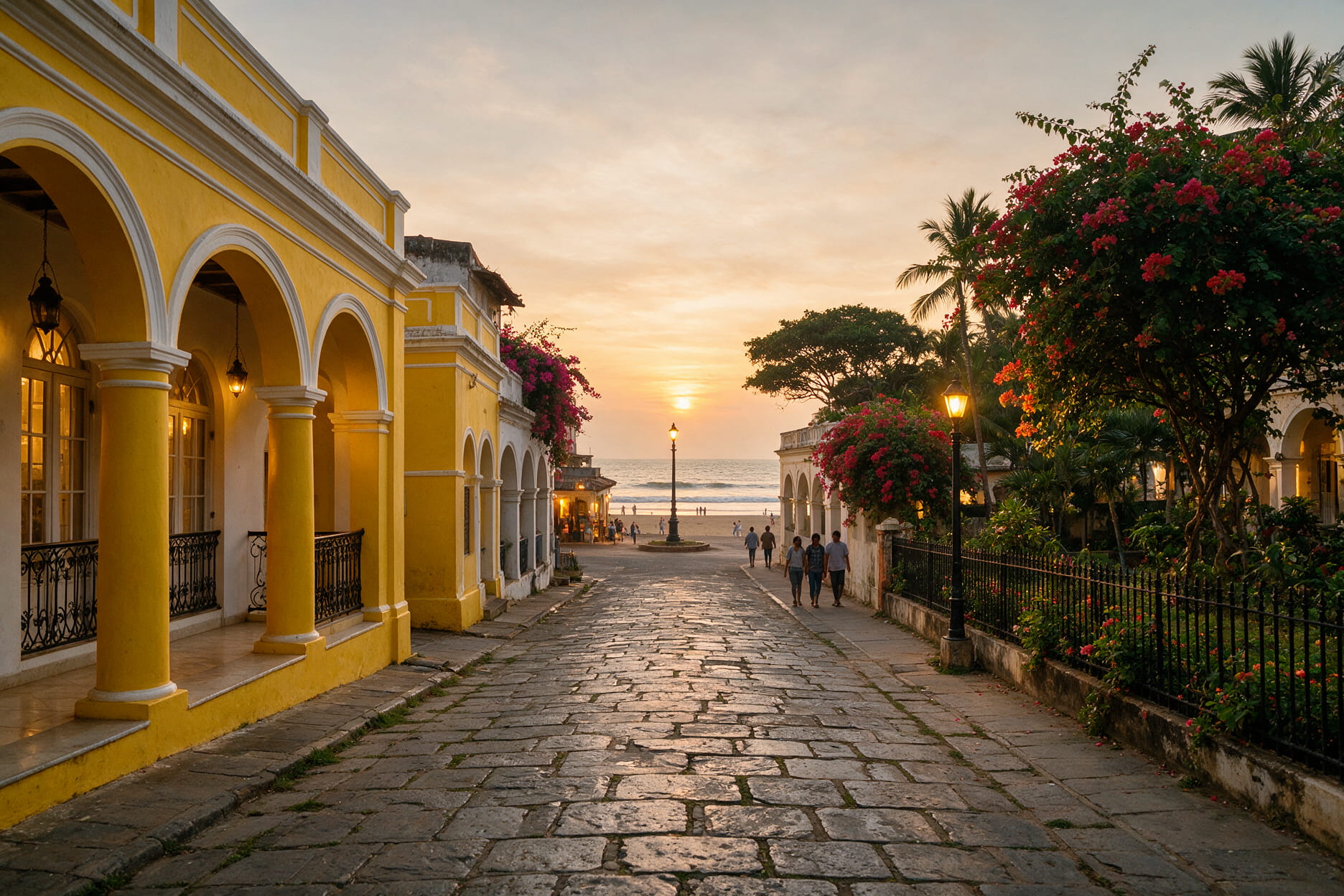 Narrow street in Pondicherry's French Quarter with yellow-painted colonial buildings, bougainvillea, and a promenade at dusk