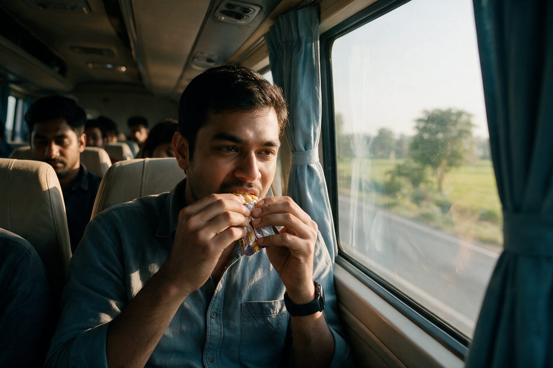 Passenger eating a packaged snack at a window seat on an intercity zingbus coach during a daytime journey