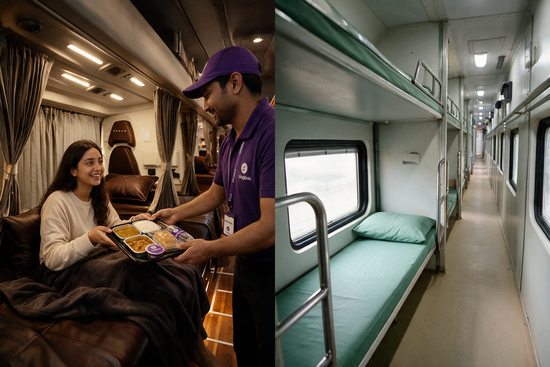 Split view of a zingbus Maxx premium sleeper interior on one side and an Indian Railways AC coach berth on the other