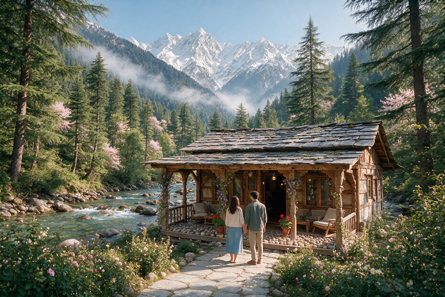 A riverside cottage in Jibhi with mountain views on the couple trip