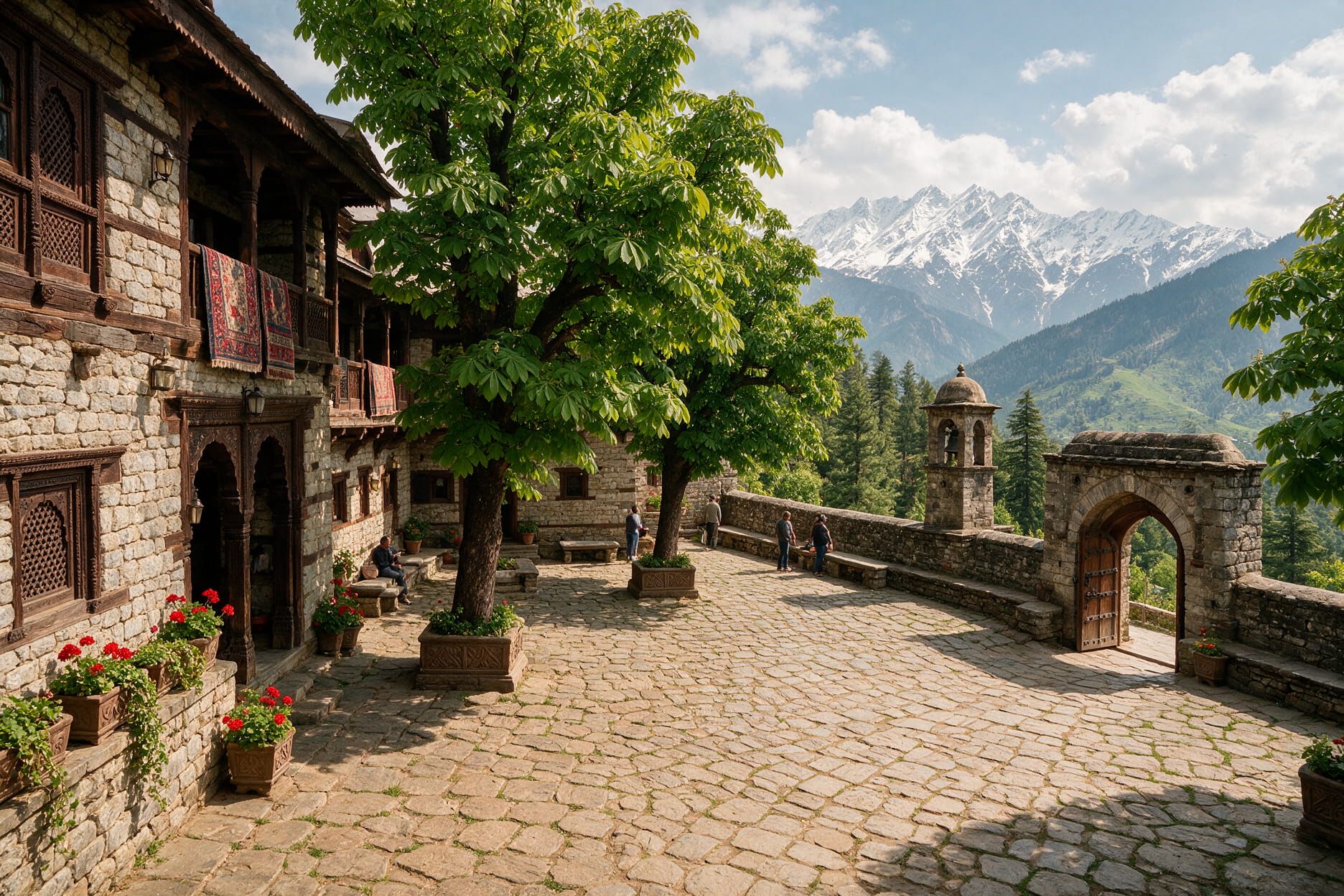 The Naggar Castle courtyard with Dhauladhar views from the old Kullu capital