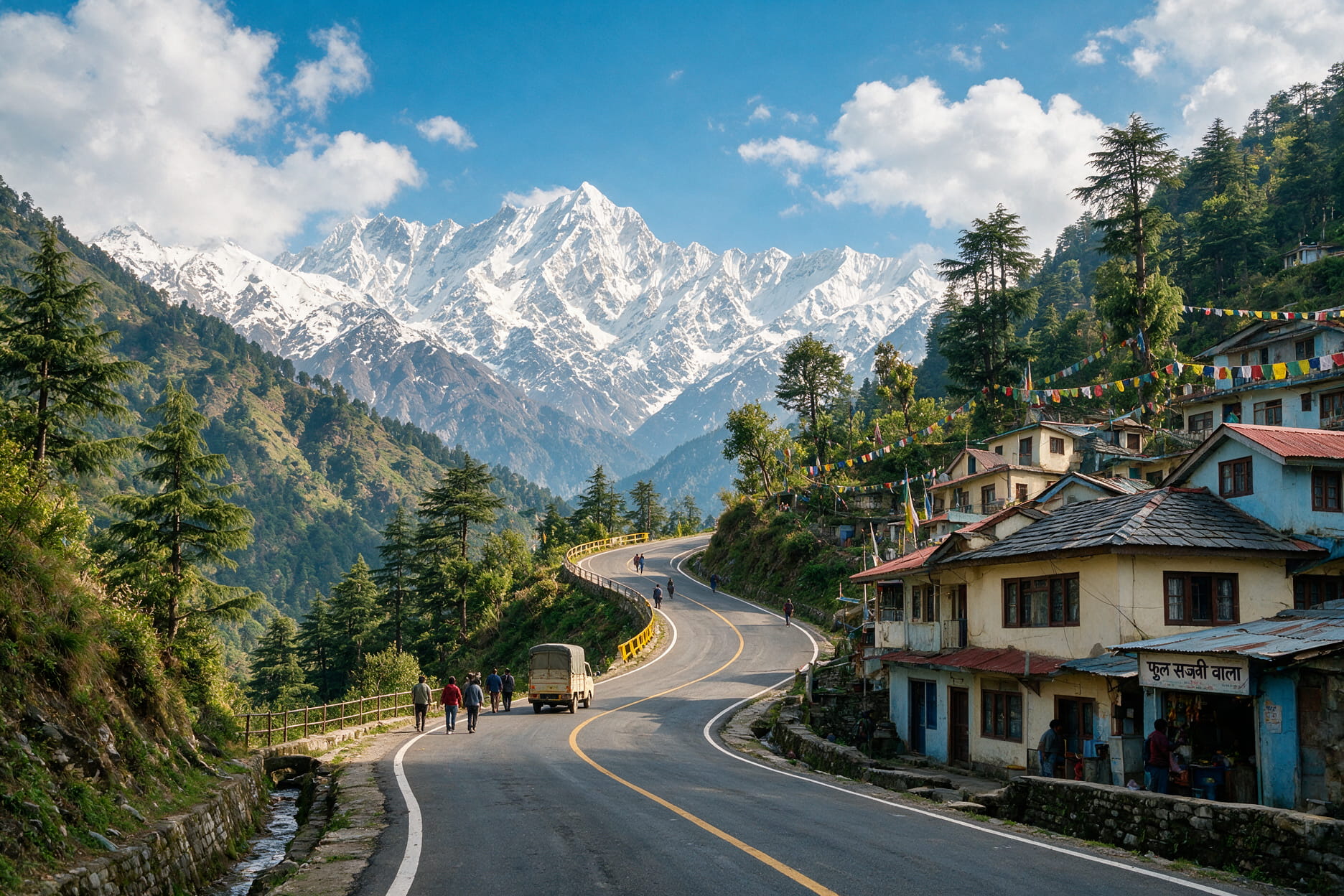 The road climbing from Dharamshala to Mcleoudganj with Dhauladhar peaks behind