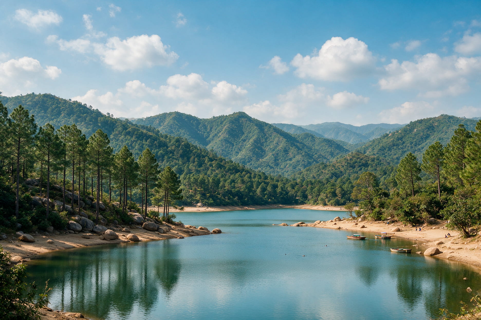 Twin Tikkar Taal lakes at Morni Hills with pine forest and Shivalik ridgelines in the background near Chandigarh