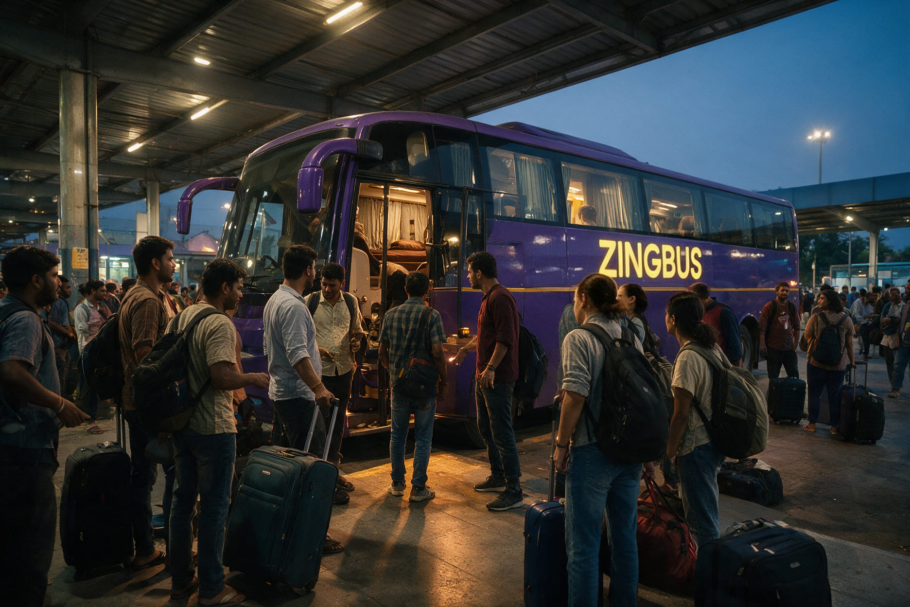 Passengers with luggage waiting to board an intercity sleeper bus at a crowded terminal on a November evening