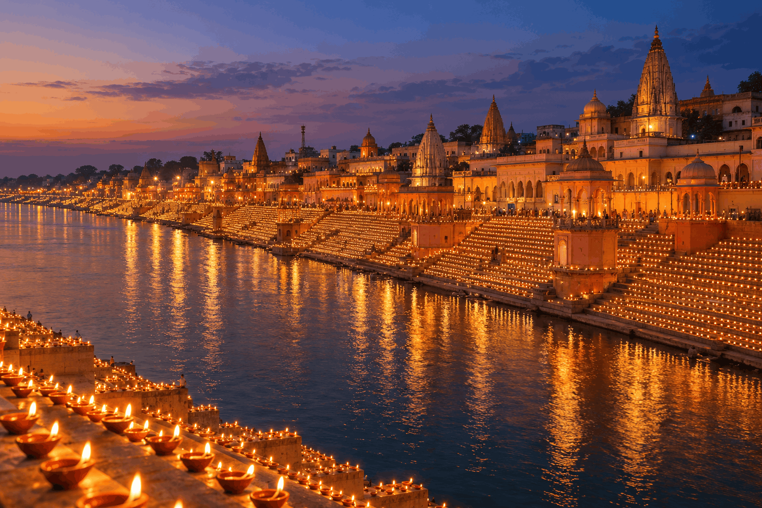 Thousands of lit earthen diyas arranged across the steps of Ram Ki Paidi ghat along the Saryu River at dusk