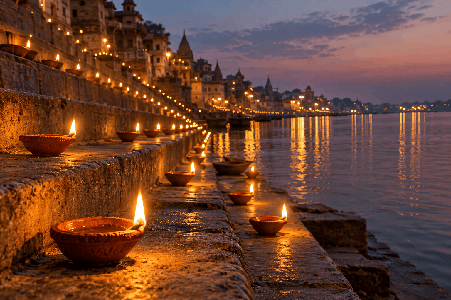 Earthen diyas arranged along the steps of a river ghat at dusk with reflections on the water