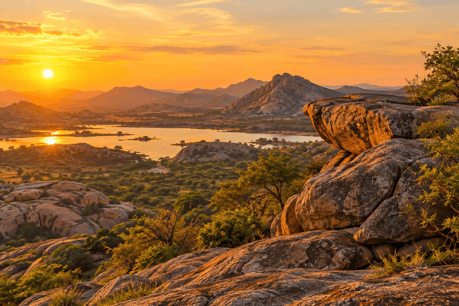 Granite hills near Jawai at golden hour with a rocky outcrop where a leopard could rest