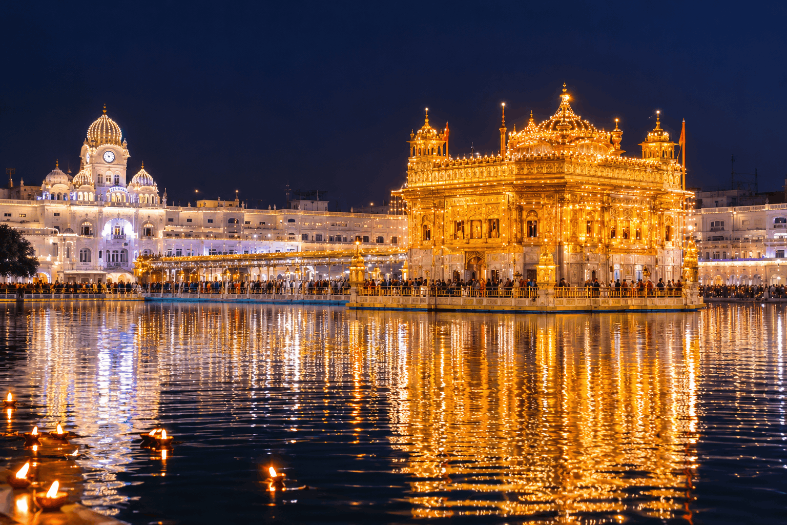 The Golden Temple in Amritsar illuminated at night with reflections on the Sarovar during Gurpurab
