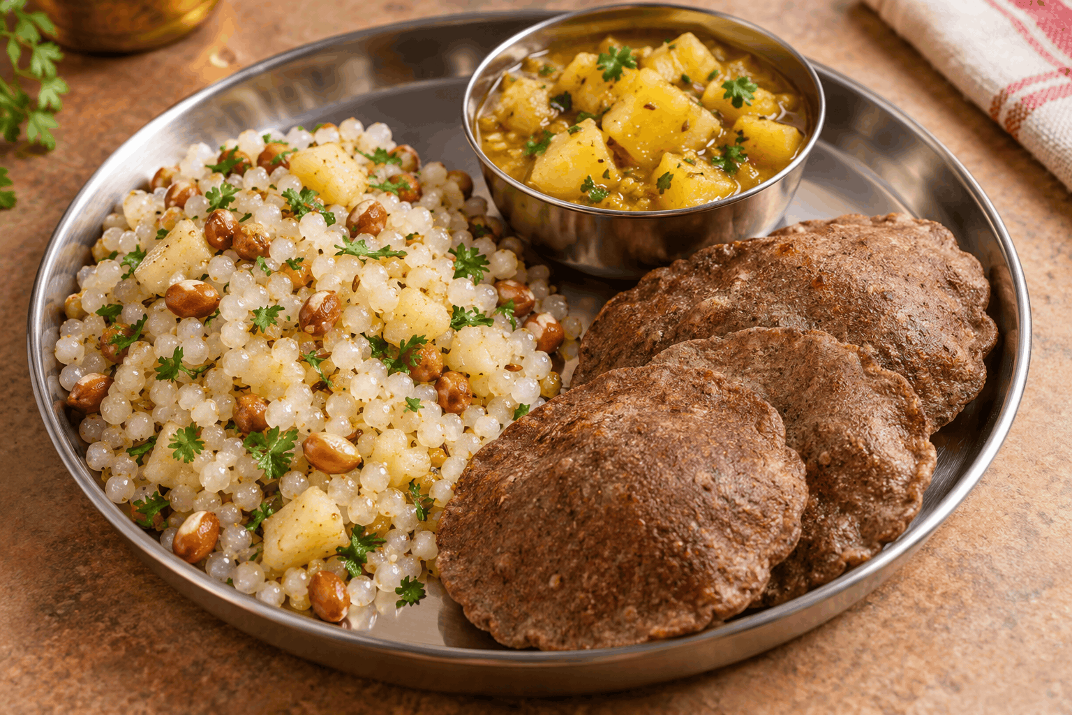 A thali plate with sabudana khichdi kuttu ki puri and aloo sabzi arranged for Navratri fasting