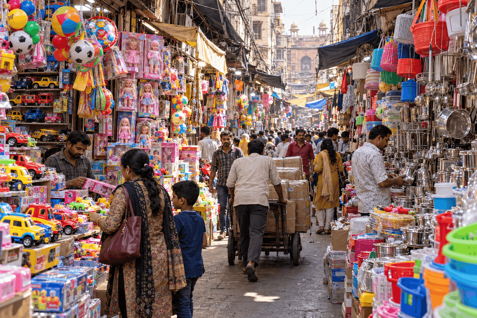 Narrow lanes of Sadar Bazaar Delhi packed with wholesale shops selling toys and household goods