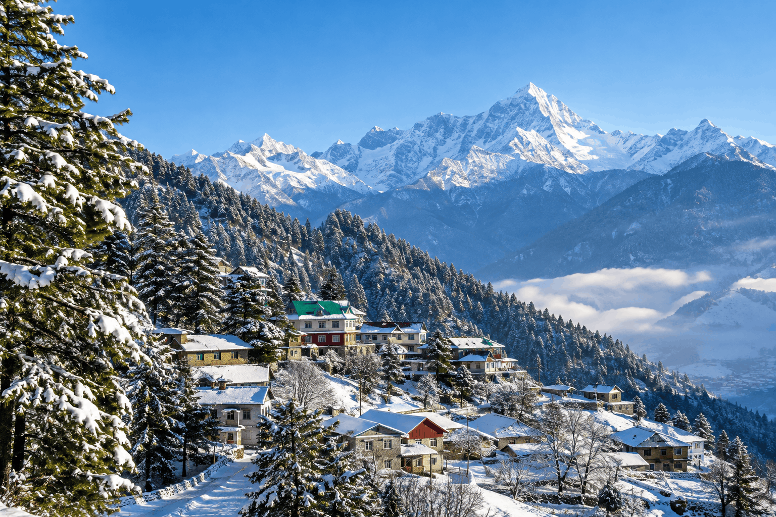 Snow dusted pine slopes above a Himalayan village on a clear December morning
