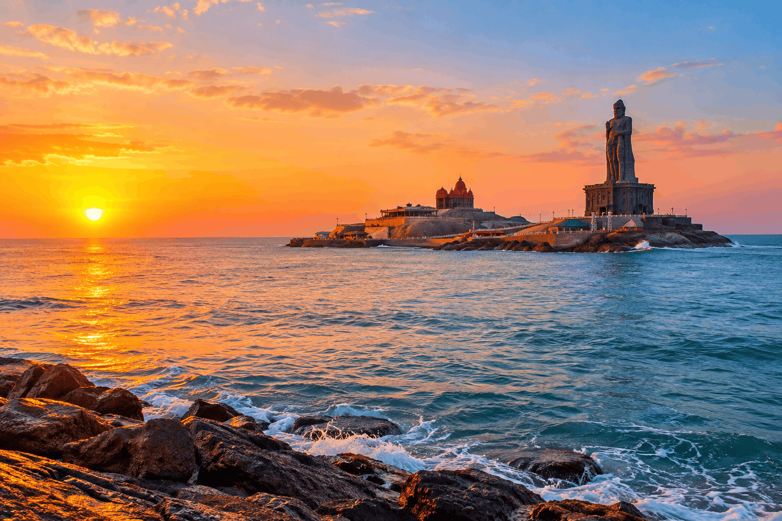 Sunrise over the sea at Kanyakumari with the Vivekananda Rock Memorial visible offshore
