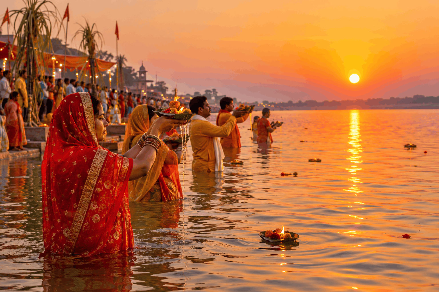Devotees standing waist deep in water at a river ghat offering arghya to the setting sun during Chhath Puja