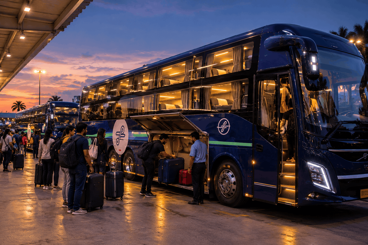 Overnight sleeper bus at a Chennai boarding point with passengers loading luggage in the evening
