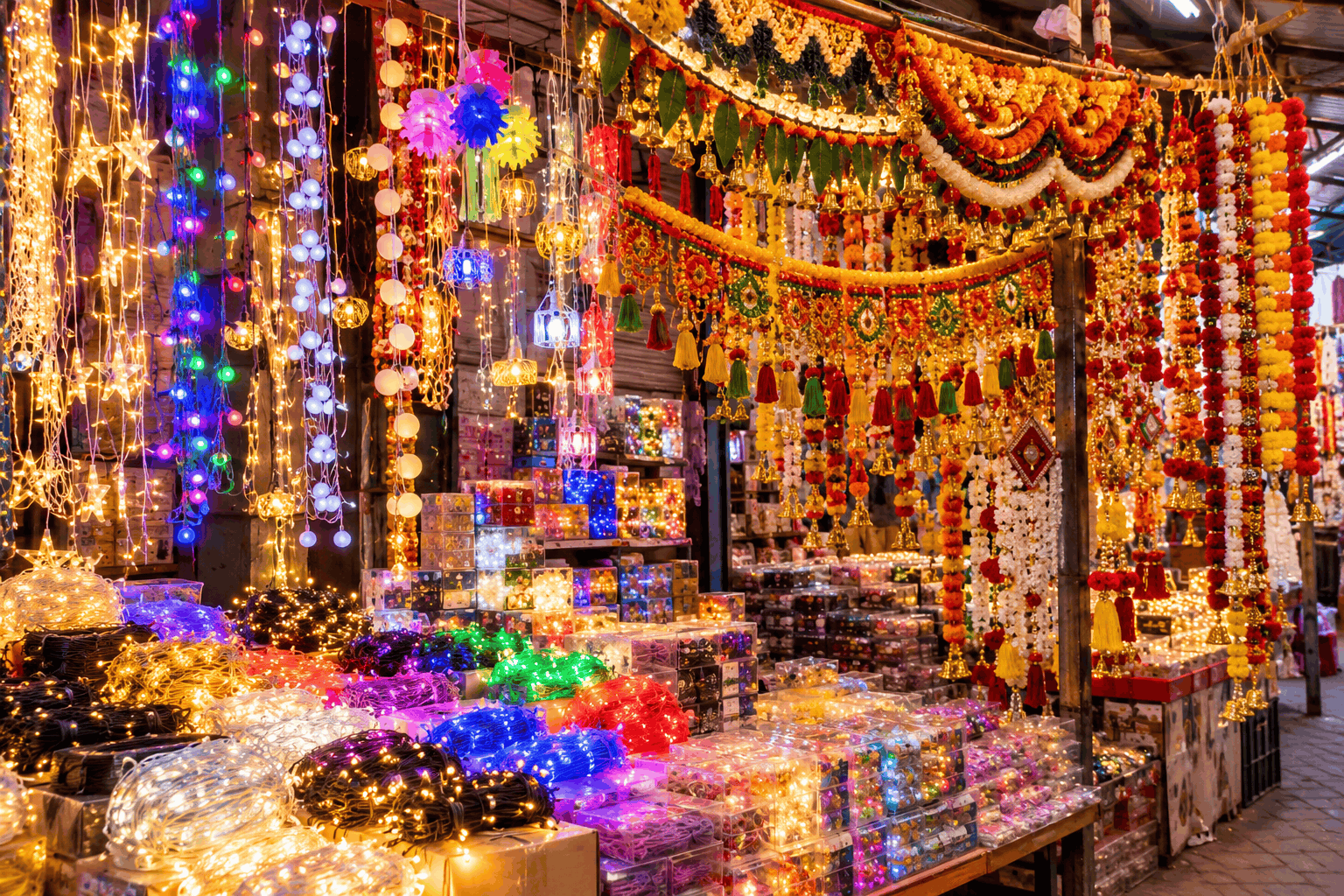 Wholesale stall stacked with LED string lights fairy lights and decorative torans at a wholesale market
