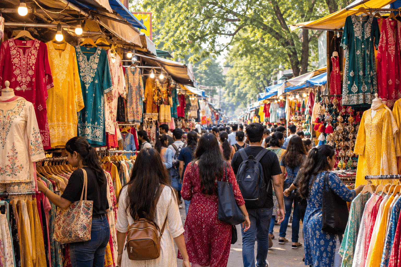 Crowded lane of Sarojini Nagar market with stalls displaying festive ethnic wear and kurtas