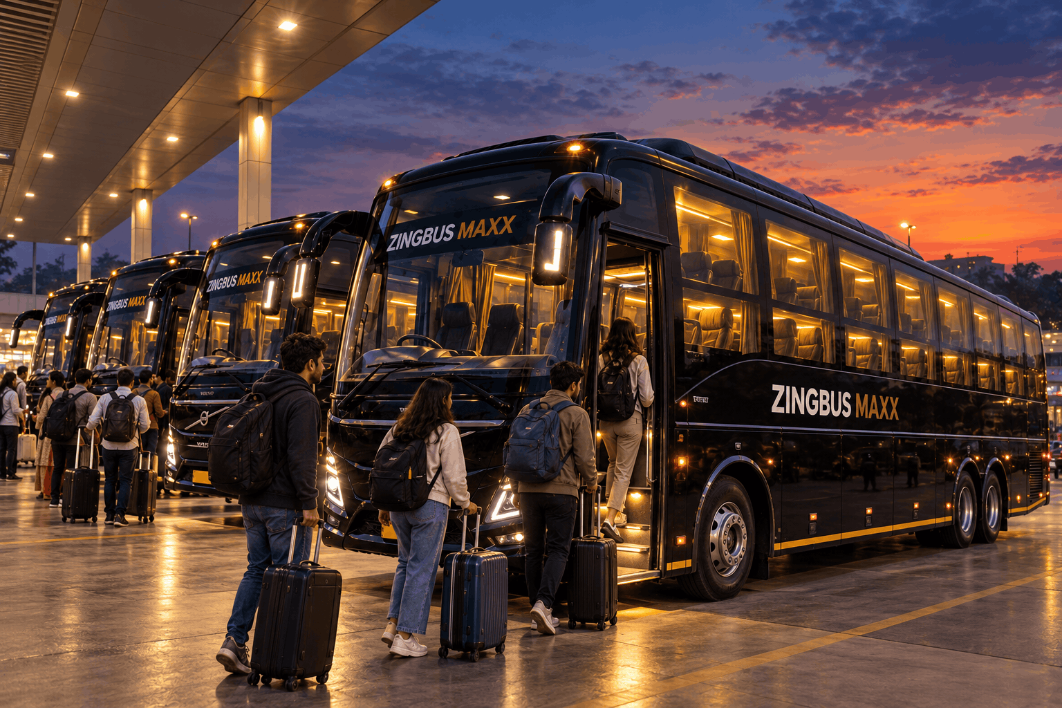 A row of intercity buses at a departure terminal with passengers boarding for an overnight journey