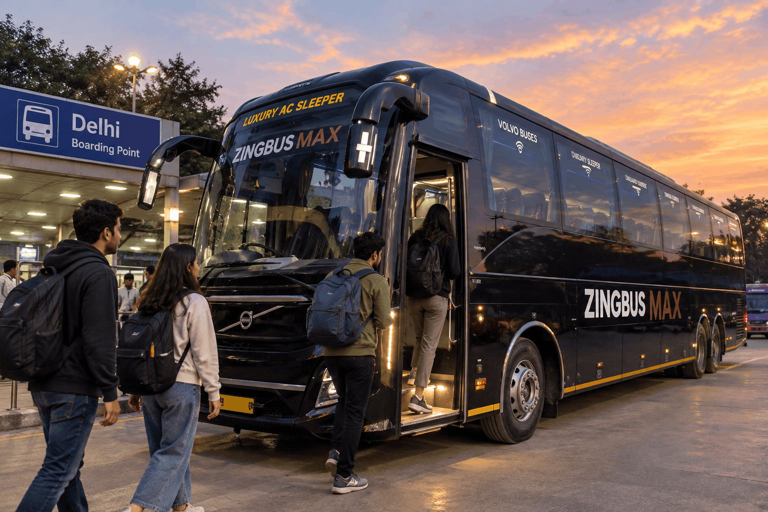 Weekend travellers with small backpacks boarding an overnight bus at a Delhi boarding point in the evening