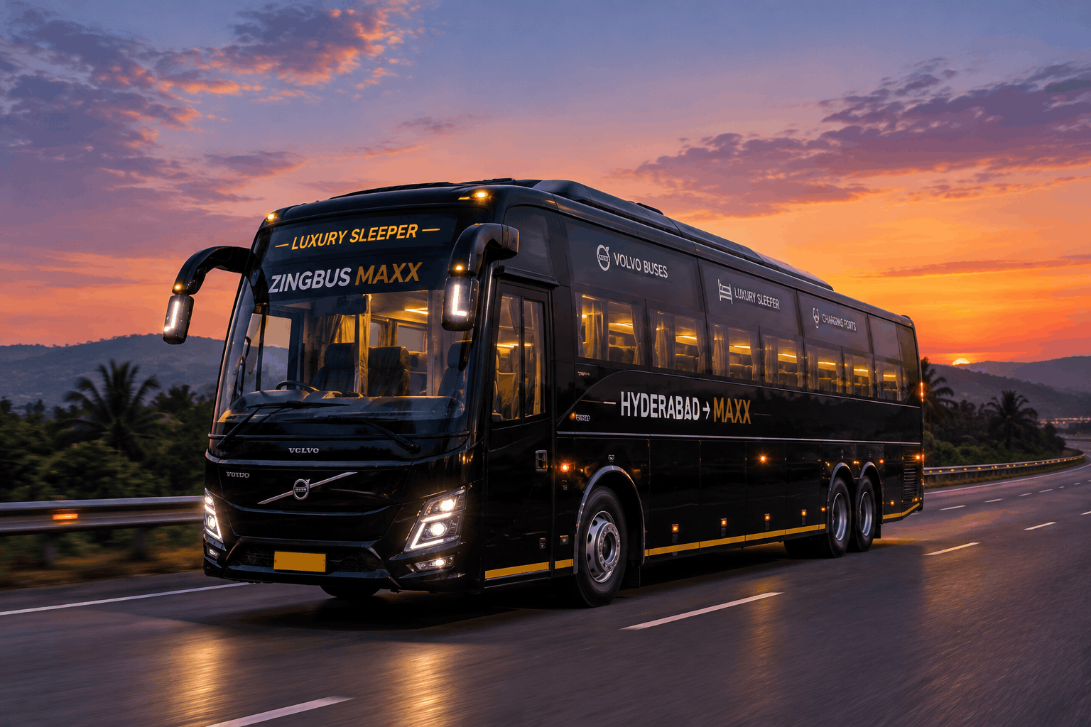 Overnight sleeper bus driving along an empty highway at dusk on the route from Hyderabad toward Goa