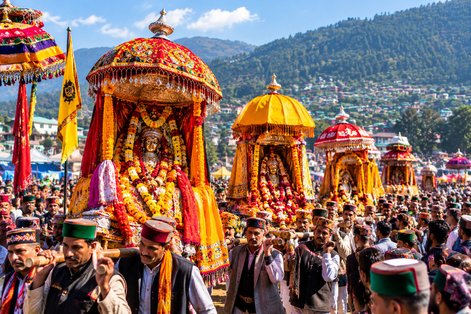 Colourful palanquins carrying village deities through the crowds at Dhalpur Maidan during Kullu Dussehra