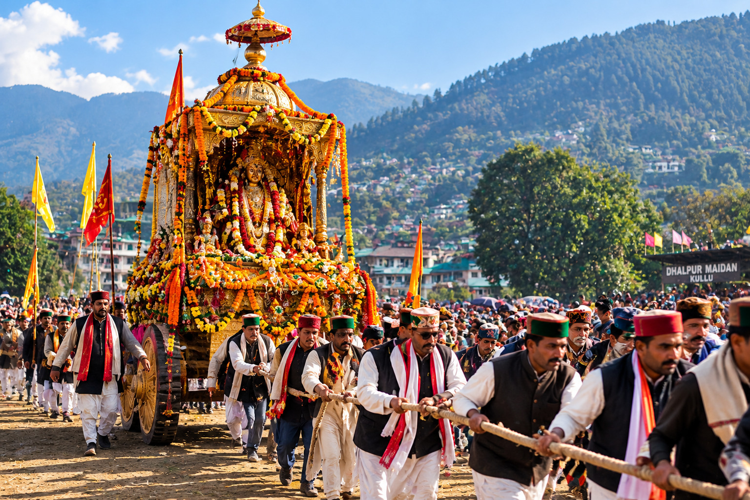 Lord Raghunath chariot being pulled through Dhalpur Maidan in Kullu during the Dussehra procession